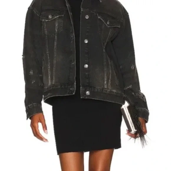 Free People Oversized Distressed Black Denim Jacket size XS $150 - Picture 2 of 10